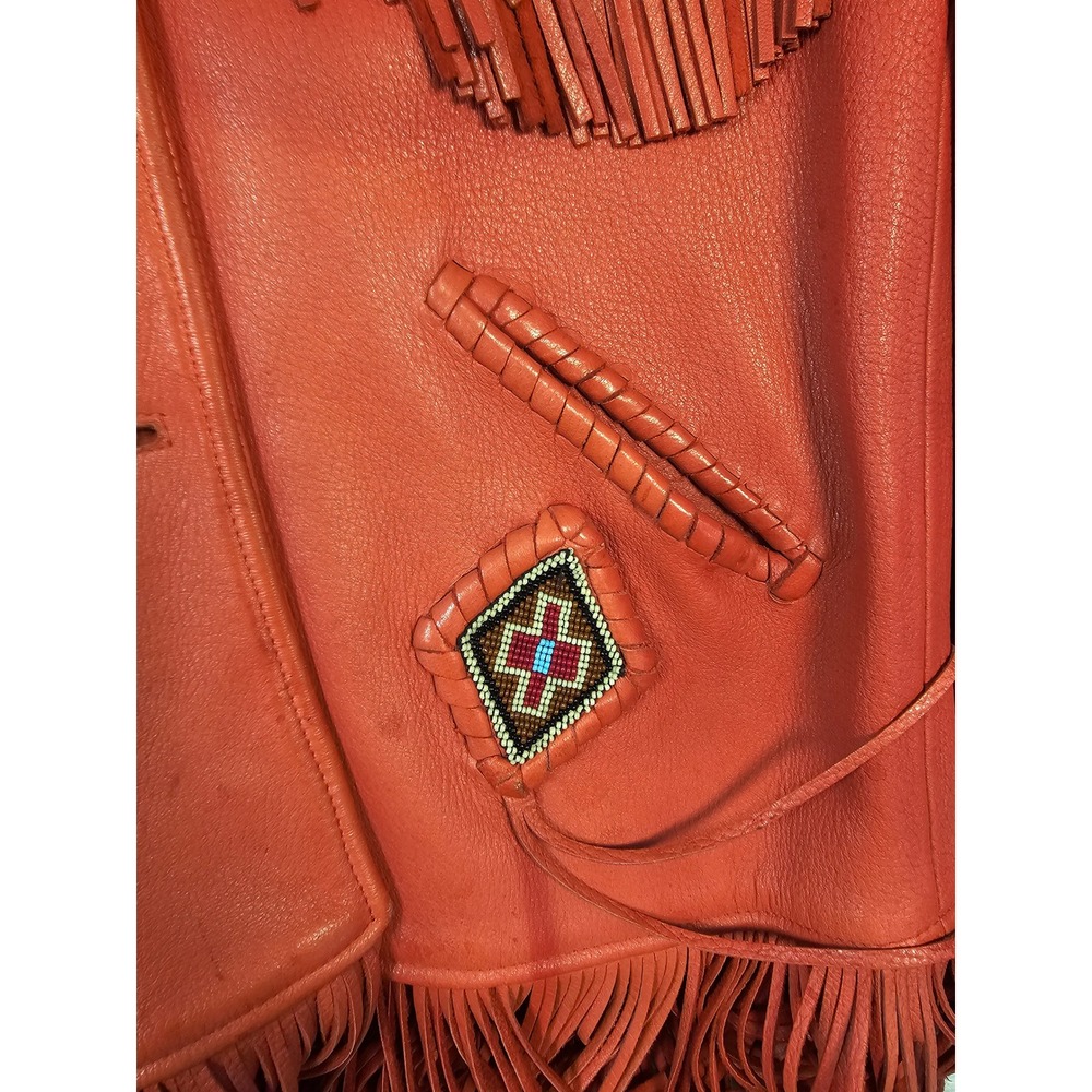 Creations In Leather By Richie Orange Deerskin Fringe Beaded Western Jacket S - Picture 10 of 16